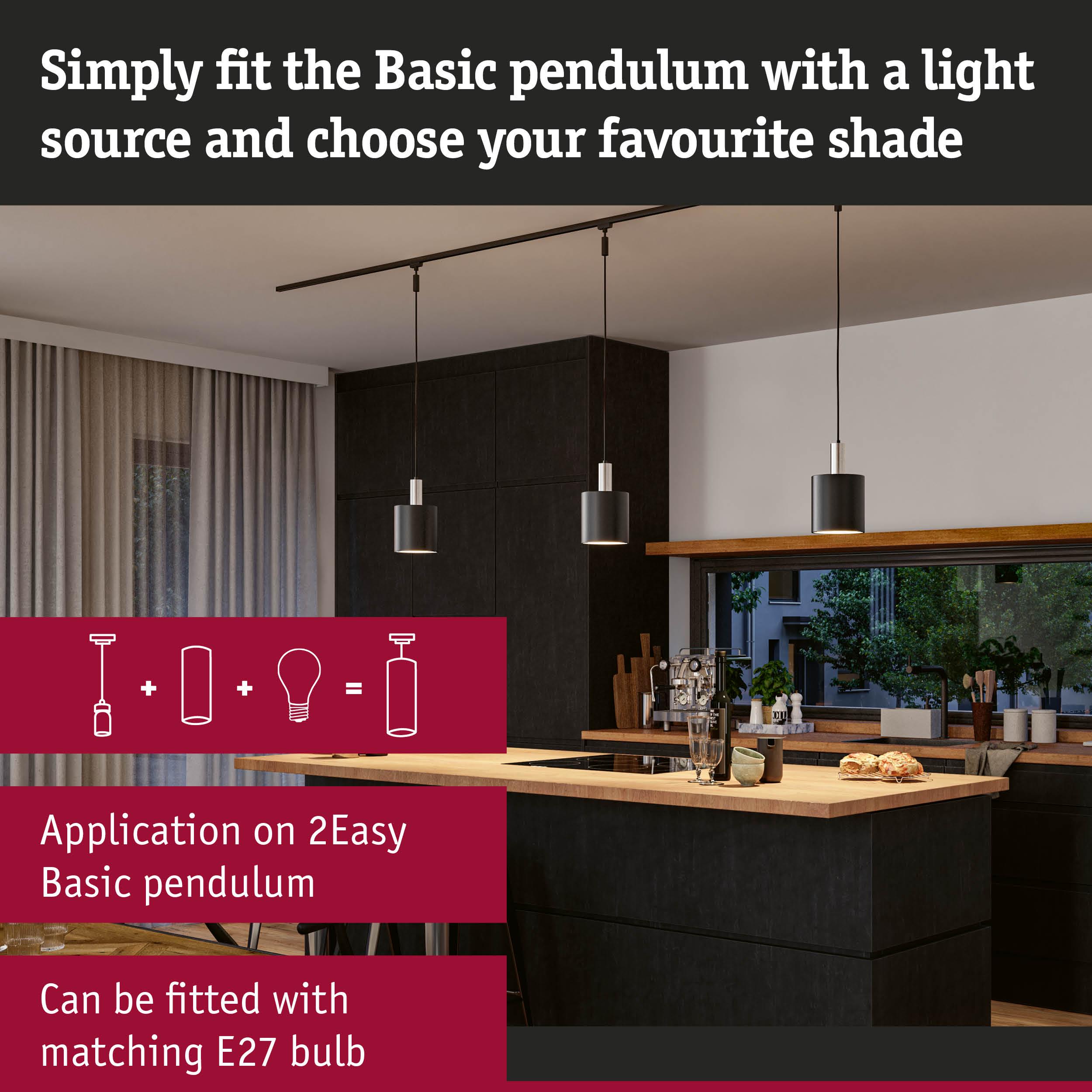 Modern black metal Basic pendant lights above kitchen island with wooden countertop