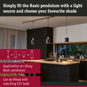 Black metal Basic pendant light in modern kitchen with wooden countertop and window view