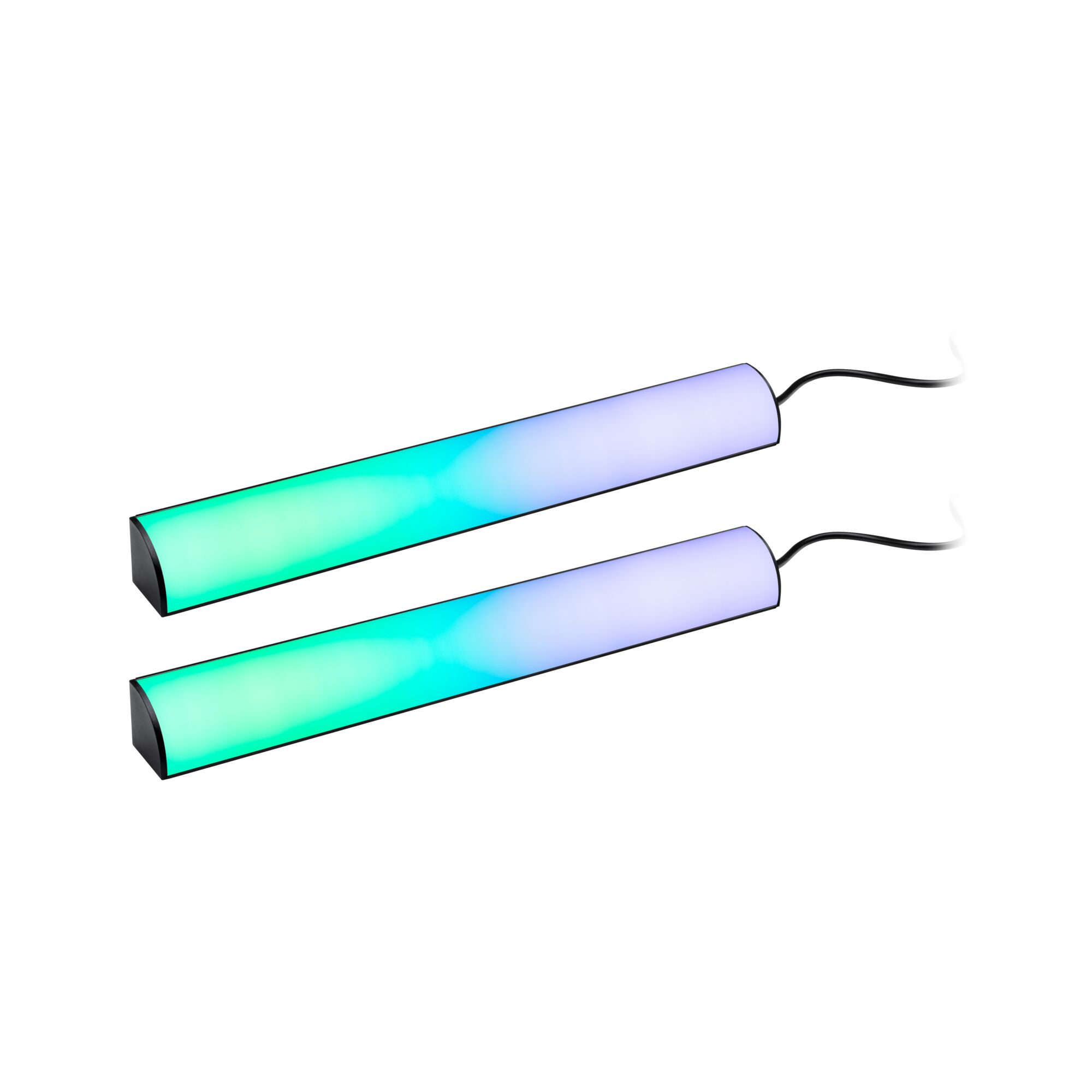 Deux barres lumineuses LED allongées avec dégradé bleu-vert, boîtier noir et câbles d'alimentation visibles