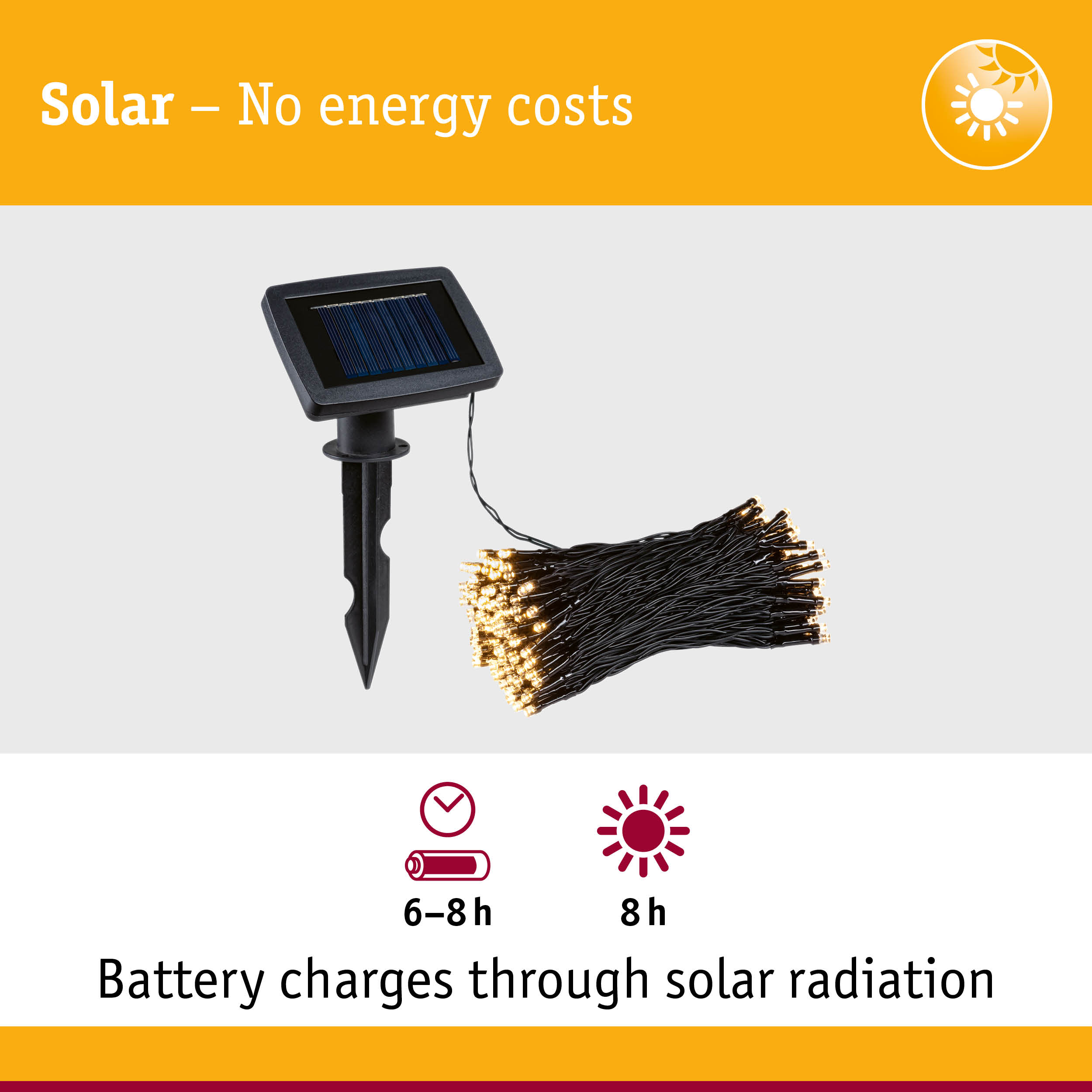 Black solar panel with LED string lights for energy-saving outdoor lighting without energy costs