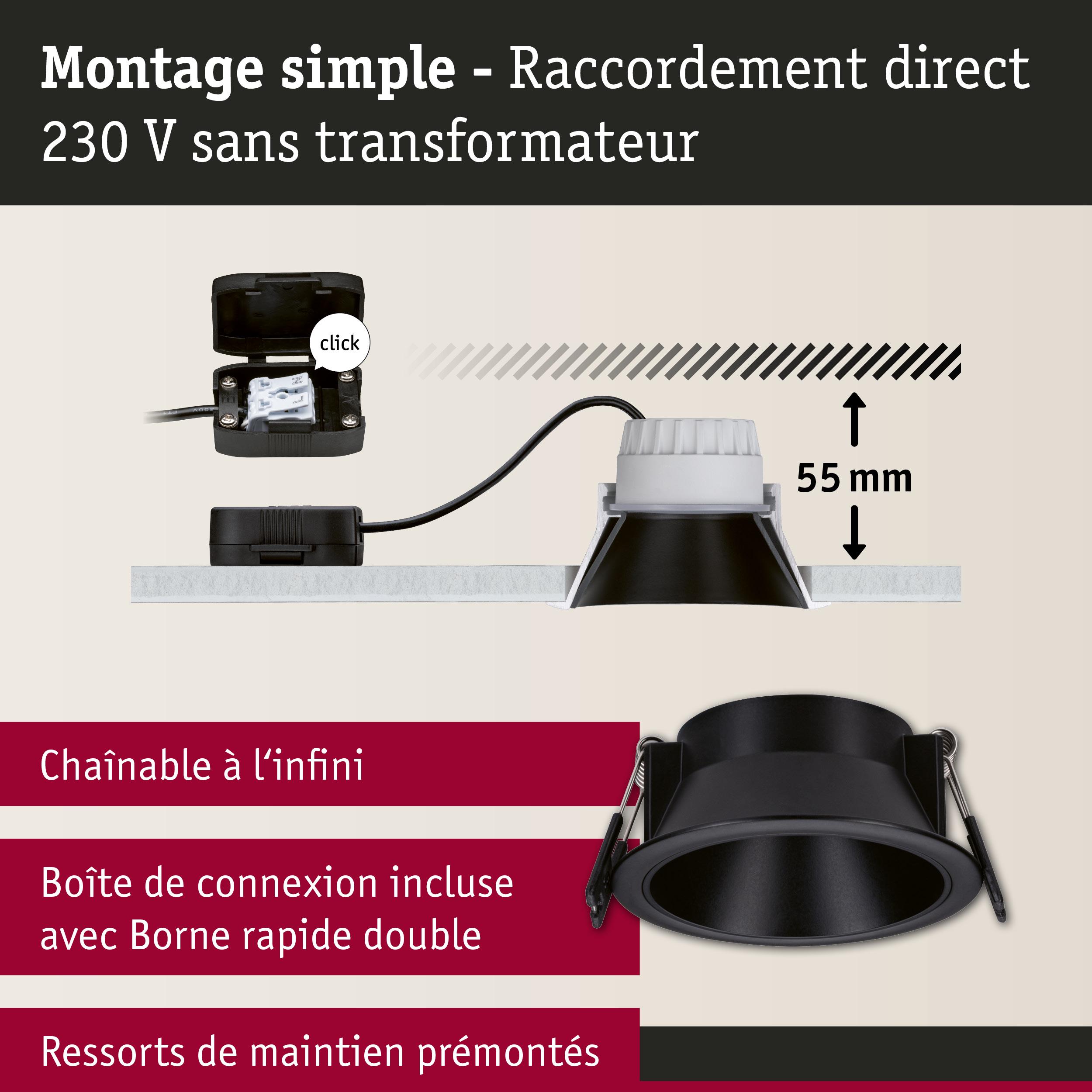 Spot encastré noir avec profondeur 55 mm et raccordement direct 230 V sans transformateur, boîte de connexion incluse