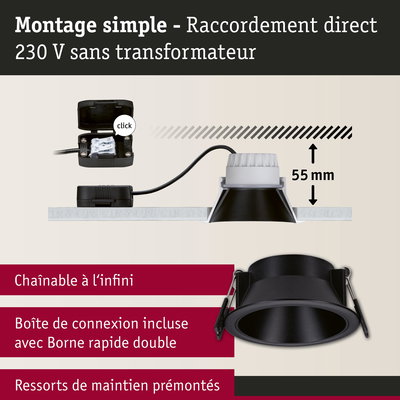 Spot encastré noir avec profondeur 55 mm et raccordement direct 230 V sans transformateur, boîte de connexion incluse