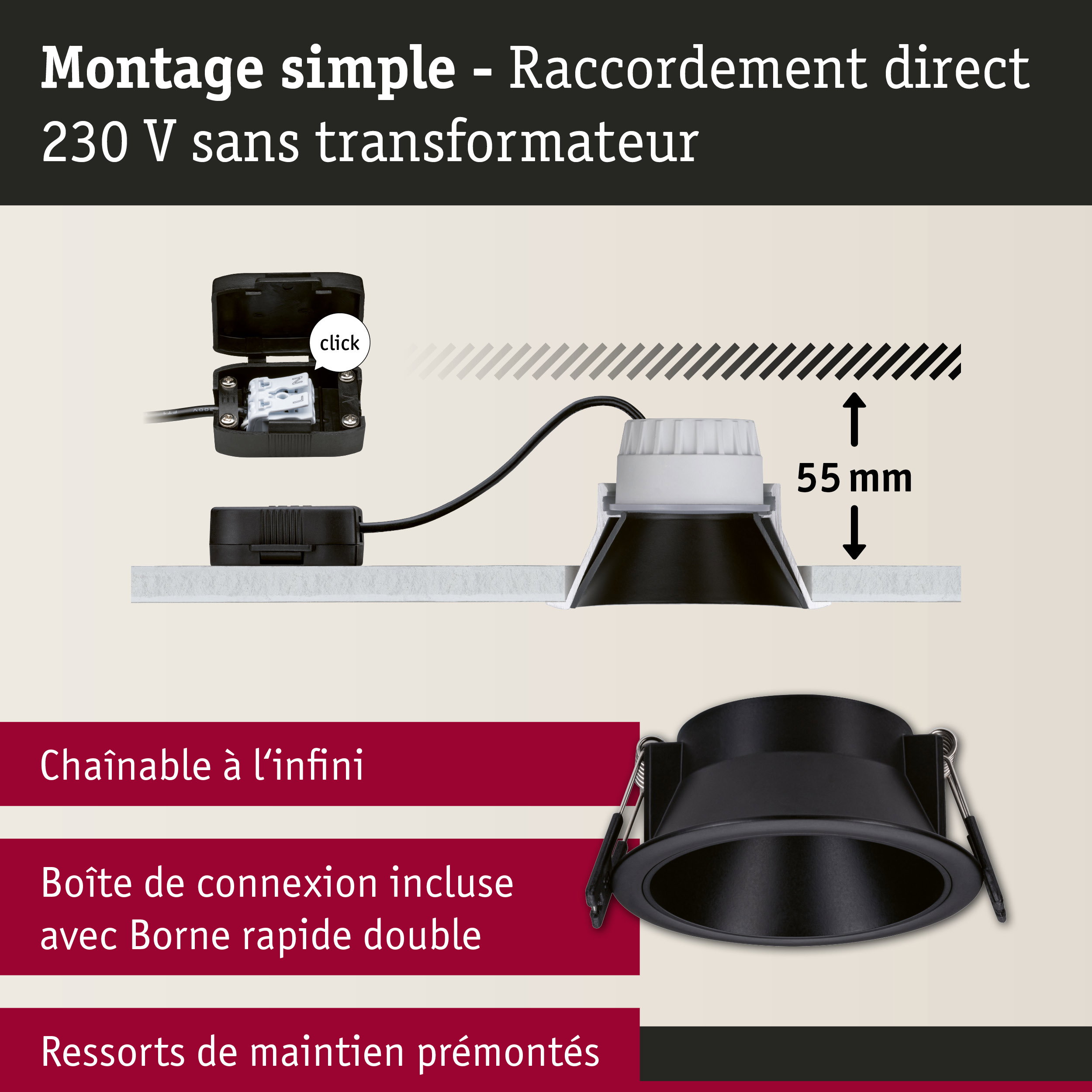 Spot encastré noir avec profondeur d'installation de 55 mm et raccordement direct 230 V sans transformateur