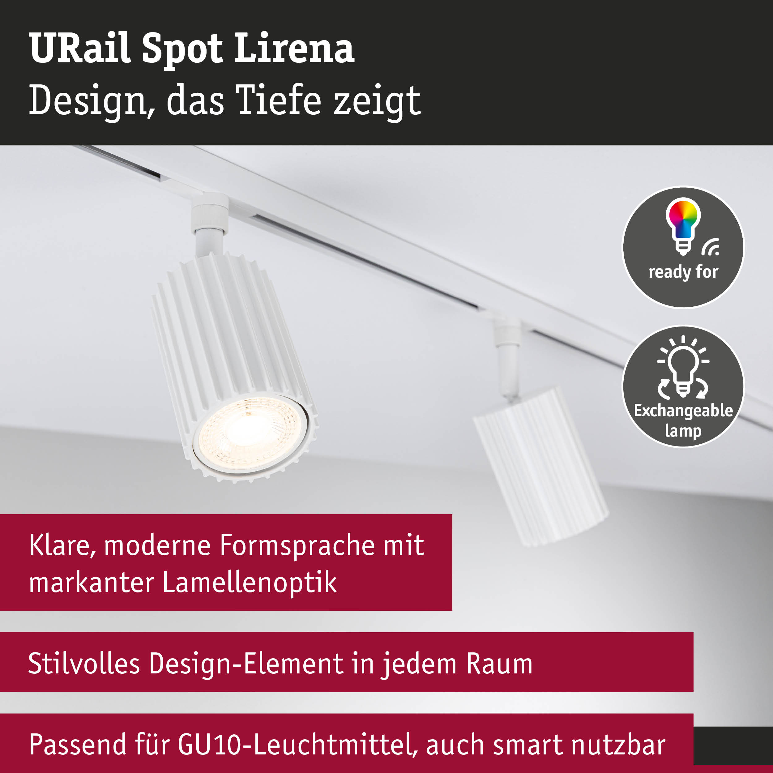 Weißer URail Spot Lirena mit markanter Lamellenoptik als modernes Deckenlicht mit GU10 Fassung