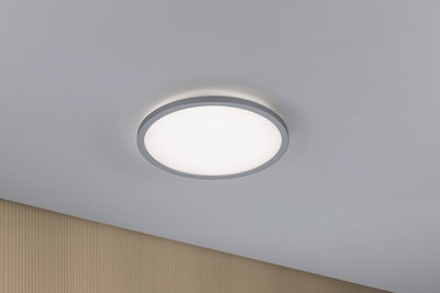 Plafonnier LED rond avec cadre métallique gris et lumière blanc chaud pour intérieurs modernes