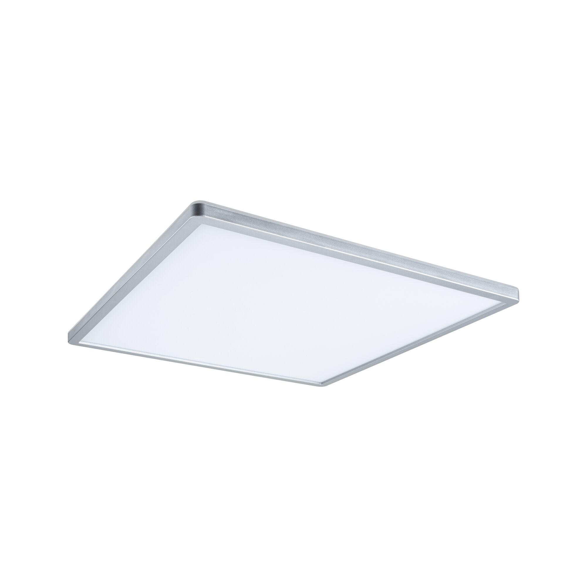 Square LED ceiling light with silver aluminium frame and white diffuser for modern room lighting