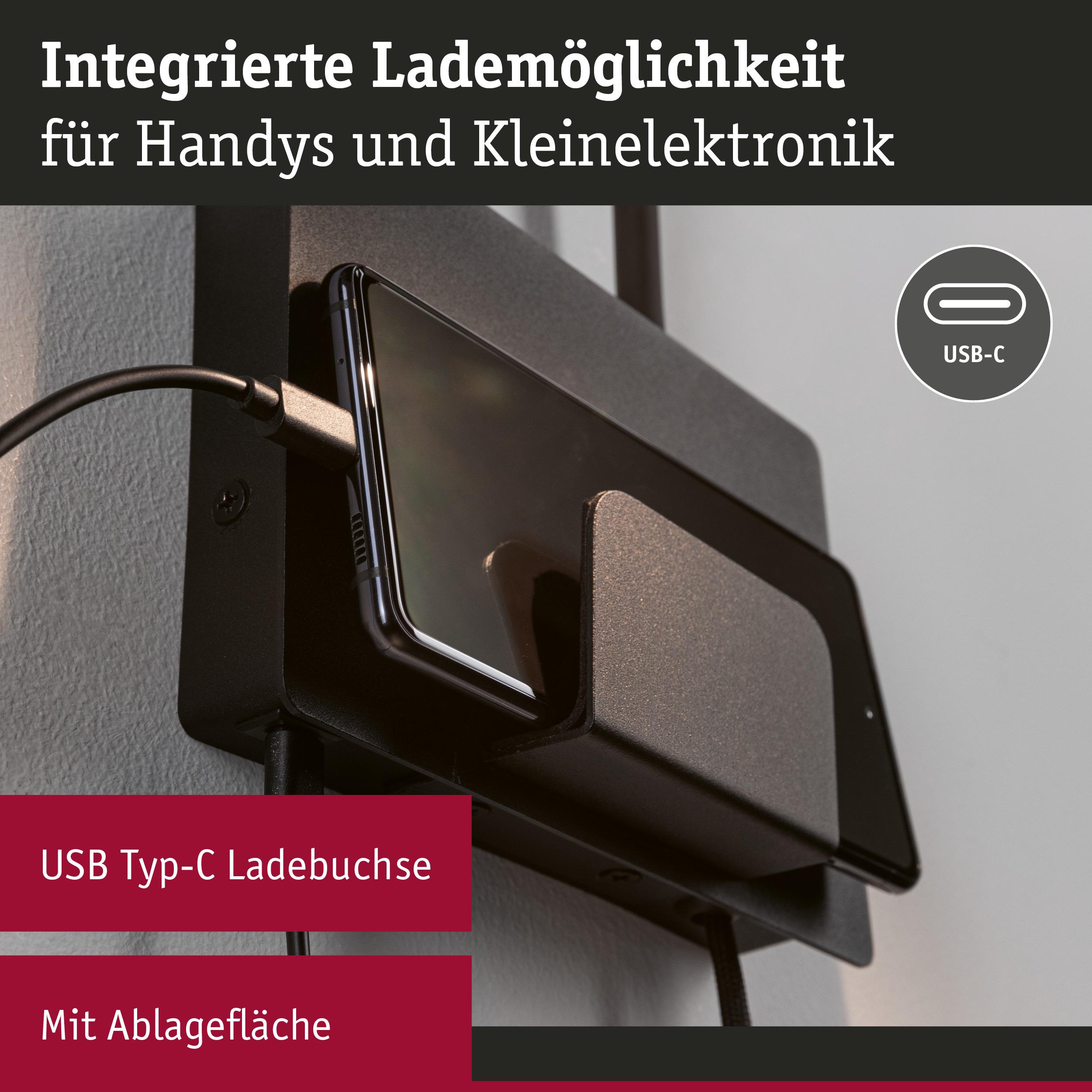 Schwarze Wandhalterung mit integrierter USB Typ-C Ladebuchse und Ablagefläche für Smartphones und Kleingeräte