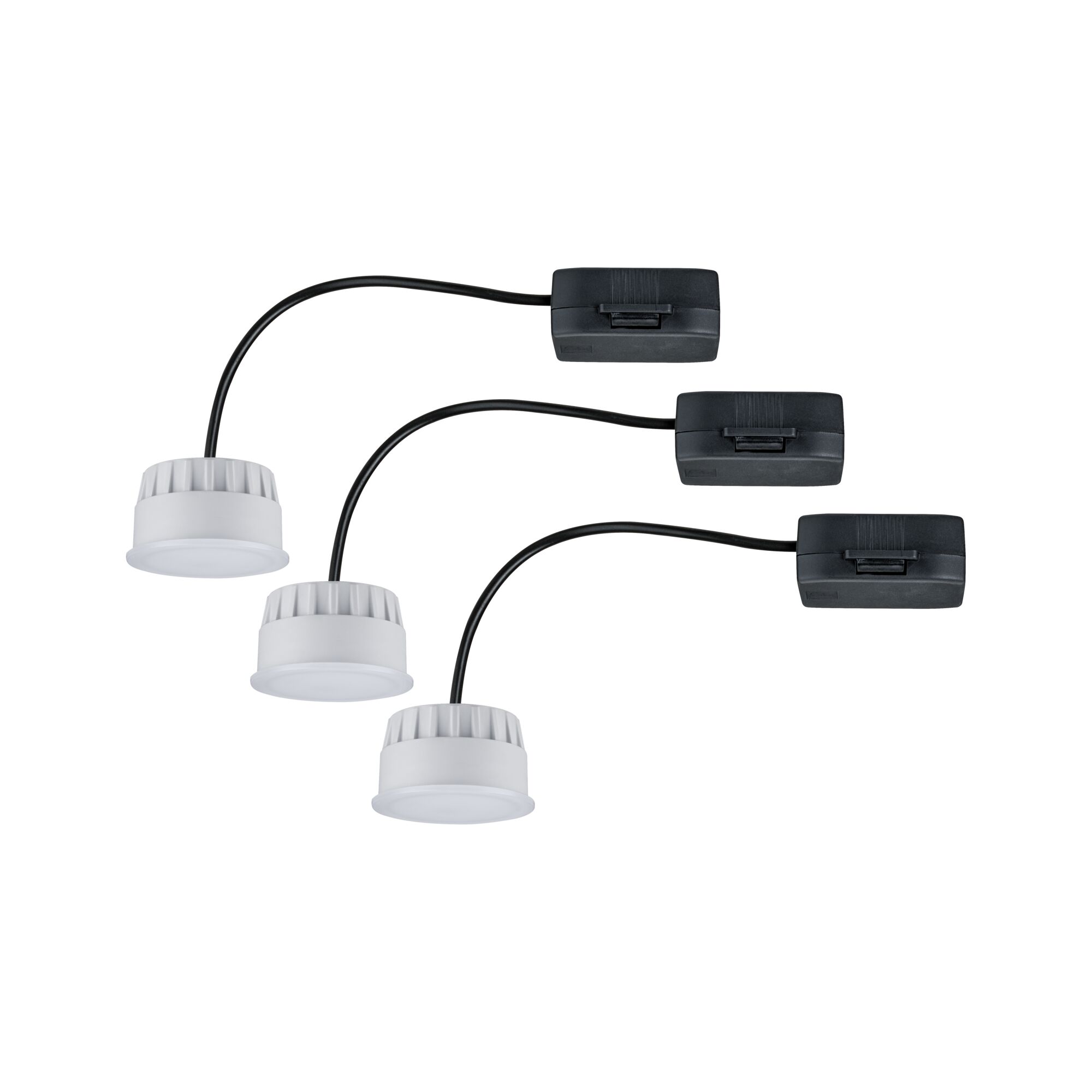 Drei weiße LED-Einbauleuchten mit schwarzem Kabel und Schalter für moderne Innenbeleuchtung