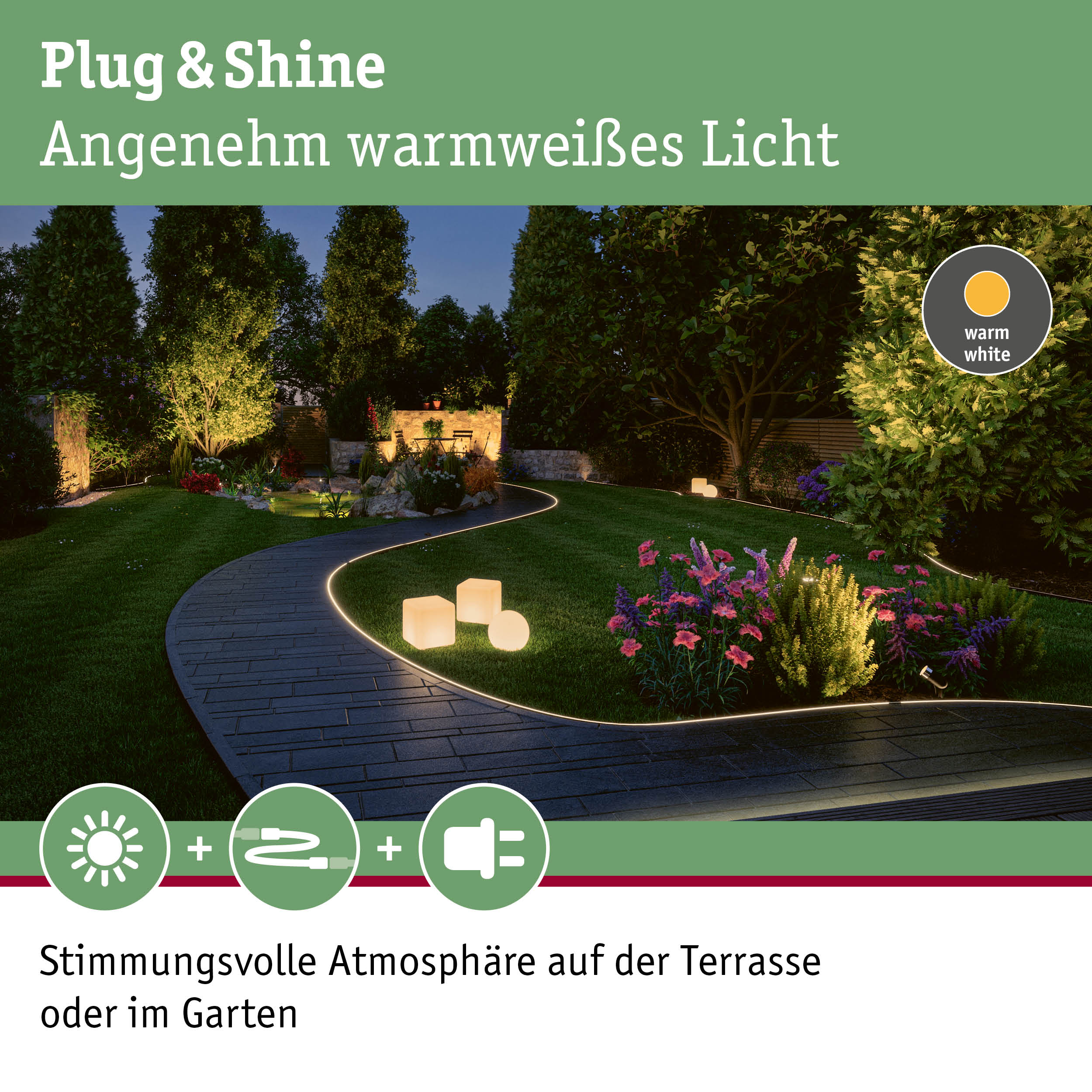Gartenweg mit warmweißem LED-Lichtstreifen und leuchtenden Würfeln für stimmungsvolle Außenbeleuchtung