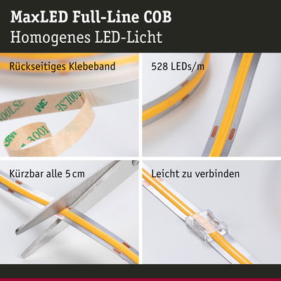MaxLED Full-Line COB LED-Streifen mit 528 LEDs/m, selbstklebend, alle 5 cm kürzbar, einfach verbindbar