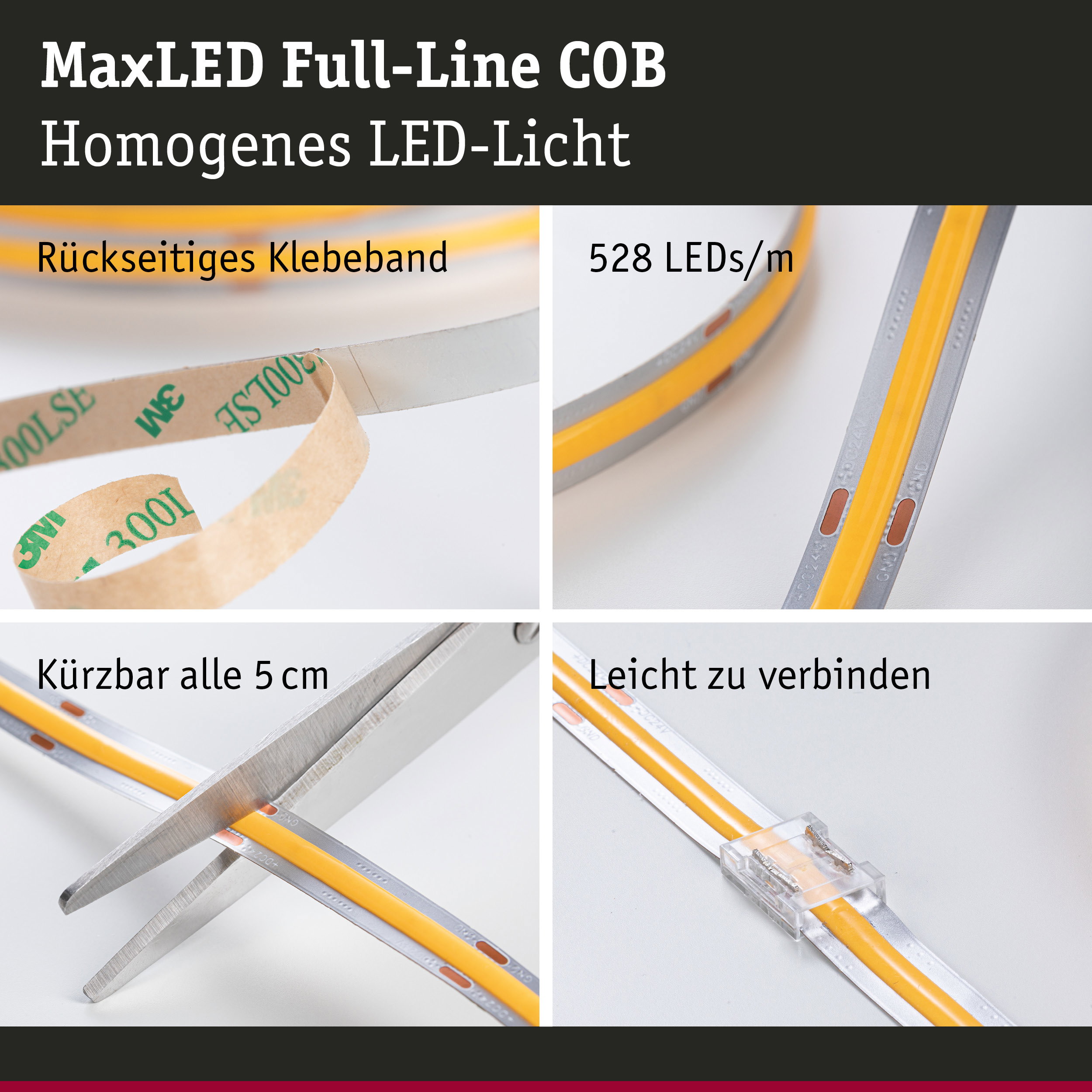 MaxLED Full-Line COB LED-Streifen mit 528 LEDs/m, gelb, selbstklebend und kürzbar für flexible Beleuchtung