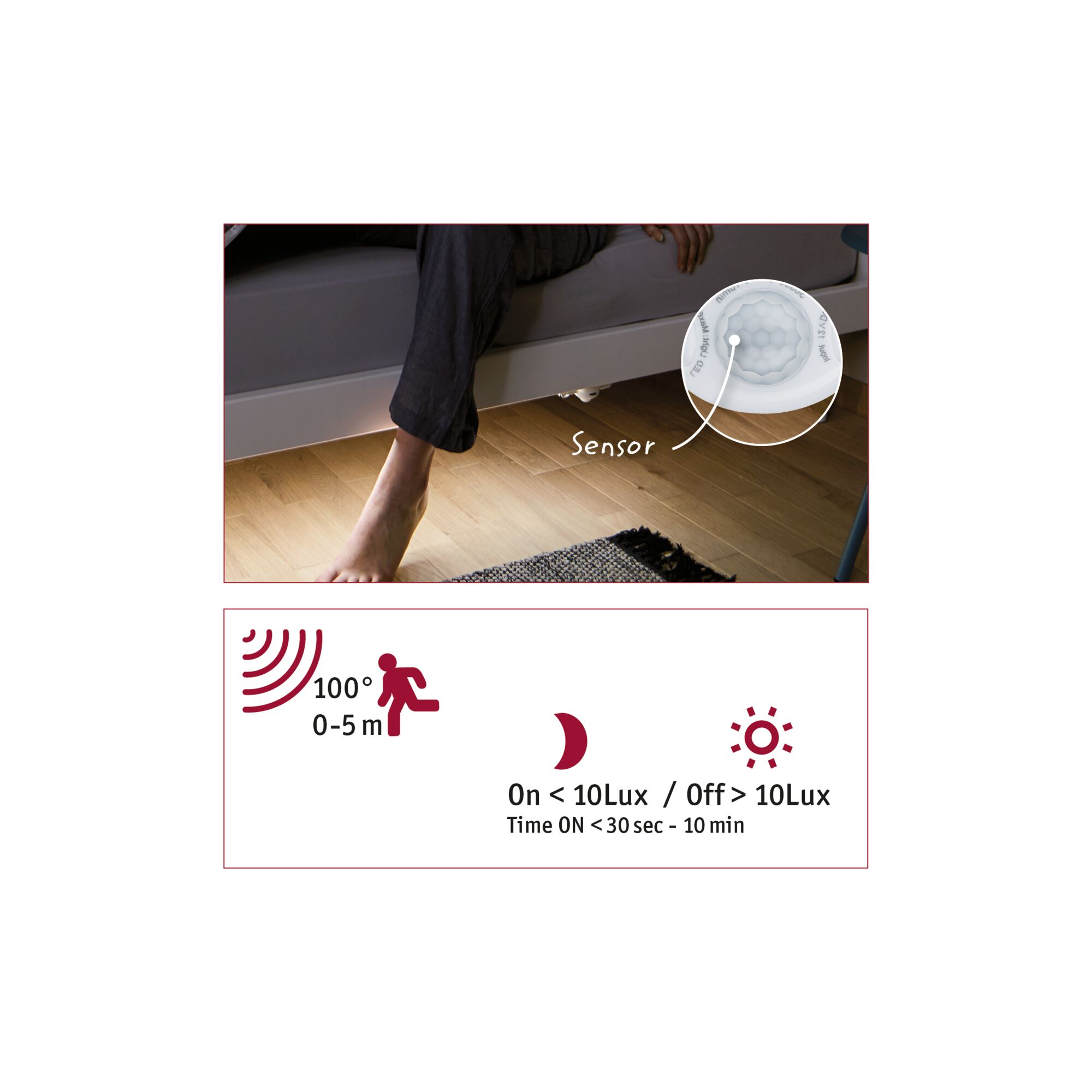 Motion sensor under grey bed on wooden floor, 100° detection angle, 0-5 m range for smart lighting
