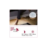 Motion sensor under grey bed on wooden floor, 100° detection angle, 0-5 m range for smart lighting