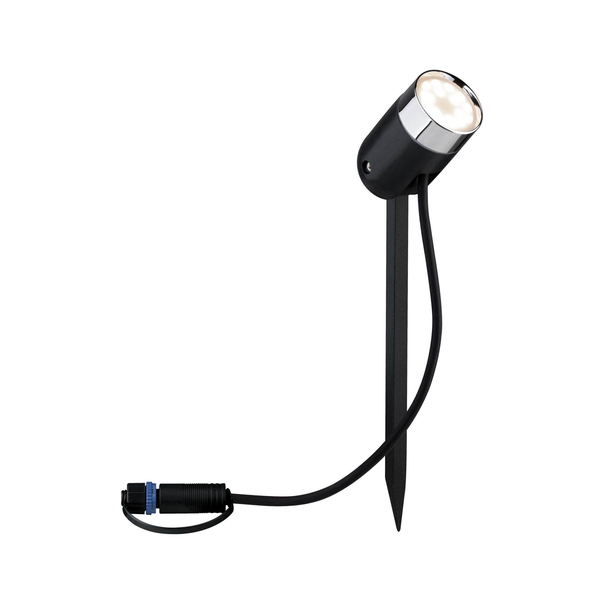 Black LED garden spotlight with ground spike and silver trim, weatherproof outdoor lighting