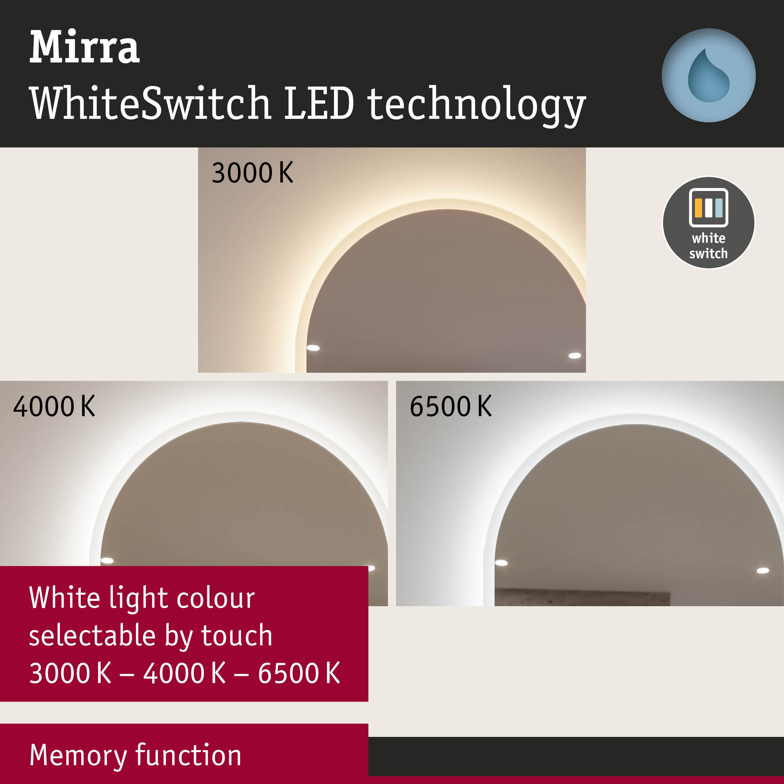 Mirra LED mirror light with WhiteSwitch technology and selectable white light colour 3000K to 6500K