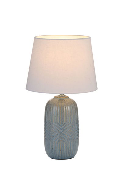 Table lamp with blue-gray ceramic base and white fabric shade for ambient lighting