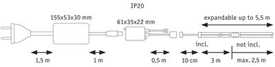 Technical drawing of cable set with dimensions and IP20 rating for LED lighting systems.