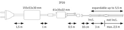 Technische Zeichnung eines Kabelsets mit Maßen und IP20 Schutzklasse für LED-Beleuchtungssysteme.