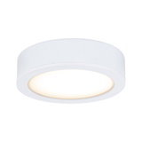 Round white metal LED ceiling light with warm white illumination for modern interiors