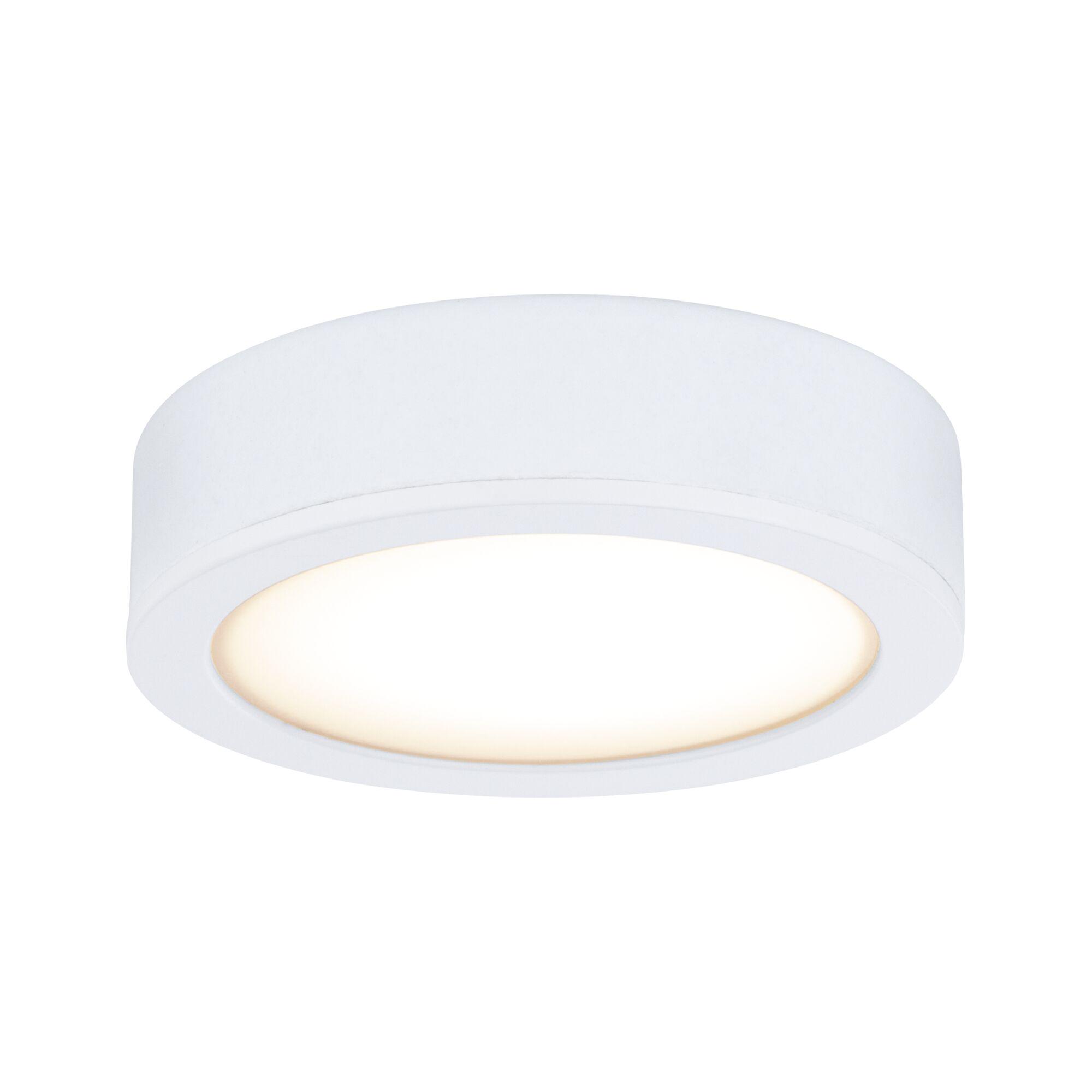 Round white metal LED ceiling light with warm white illumination for modern interiors