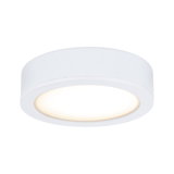 Round white metal LED ceiling light with warm white illumination for modern interiors