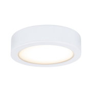 Round white metal LED ceiling light with warm white illumination for modern interiors