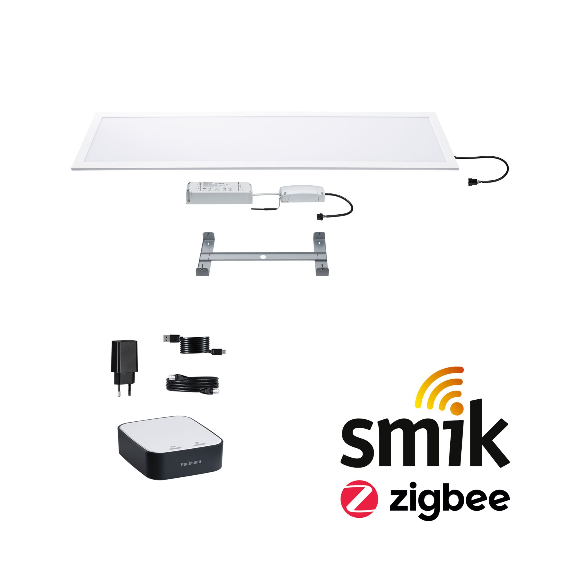 Startsæt til attraktiv pris Zigbee 3.0 Smart Home smik Gateway + LED-panel Amaris 72x84mm 35W 2500lm RGBW+ Hvid/Koksgrå dæmpbar Hvidt LED-panel med tilbehør og Zigbee Smik-controller til smarte belysningsløsninger