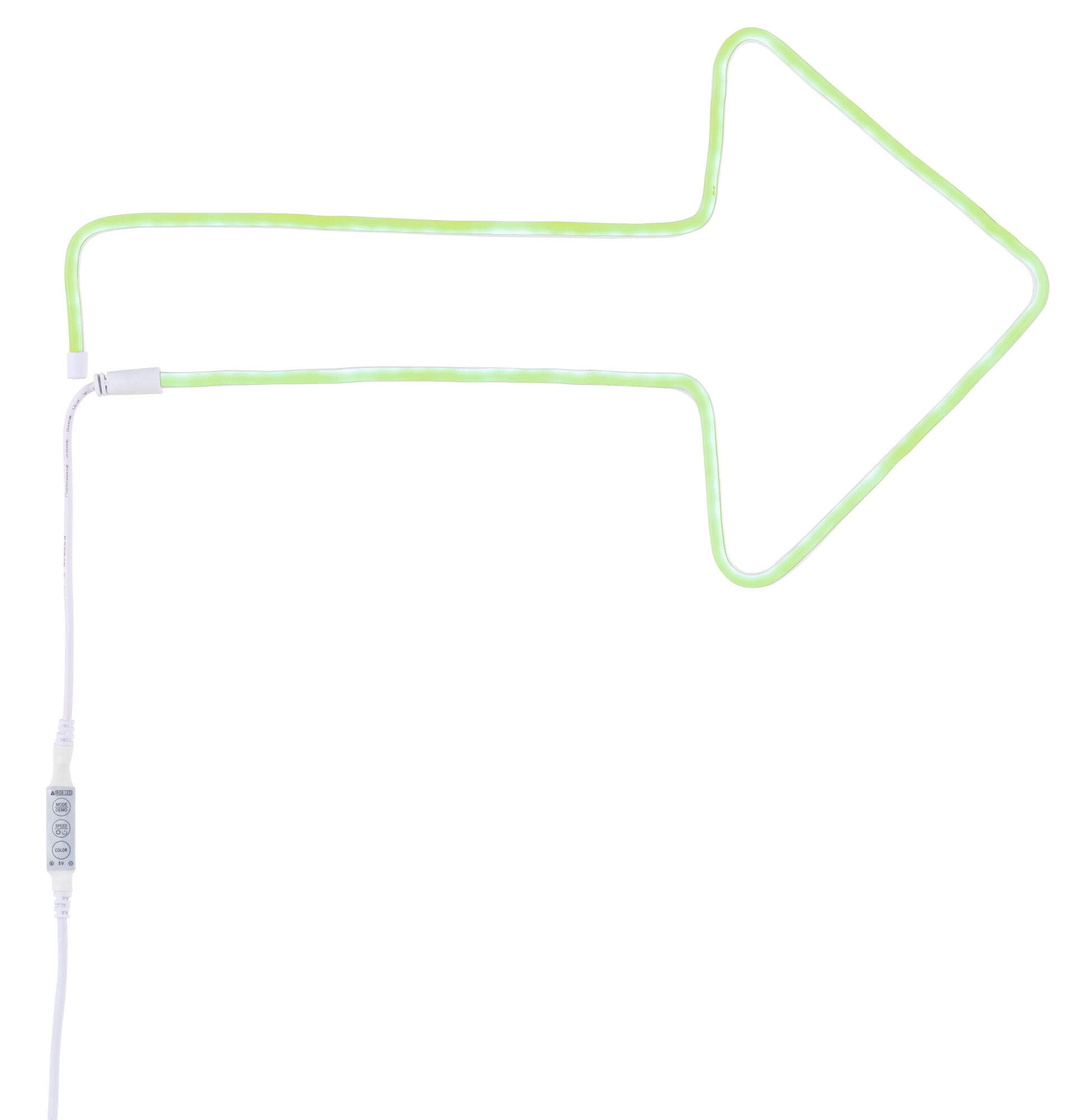 Green LED neon arrow with flexible design, white cable and controller for decorative lighting use