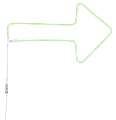Green LED neon arrow with flexible design, white cable and controller for decorative lighting use