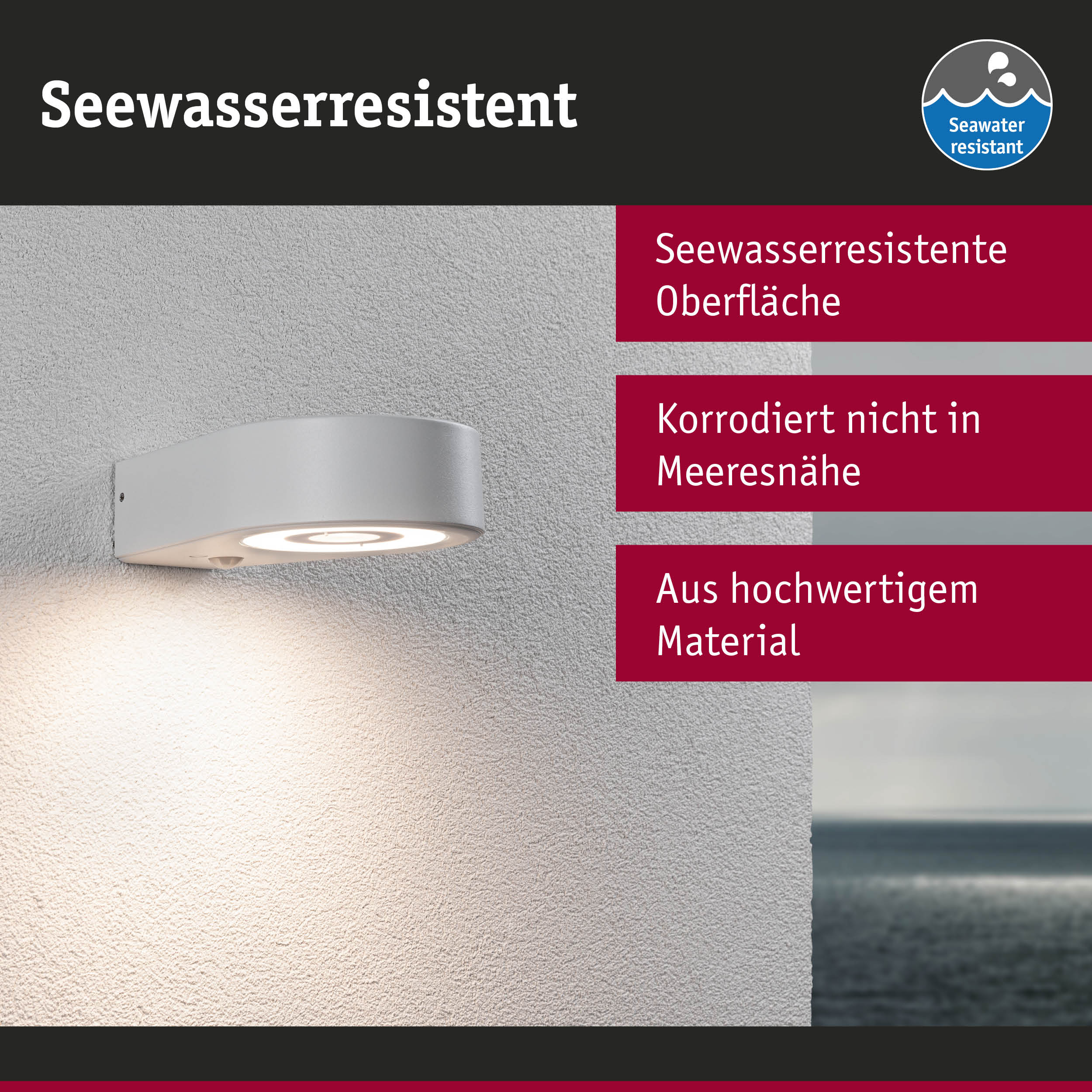 Seewasserresistenter Wandstrahler aus hochwertigem Material in Grau für Außenbeleuchtung