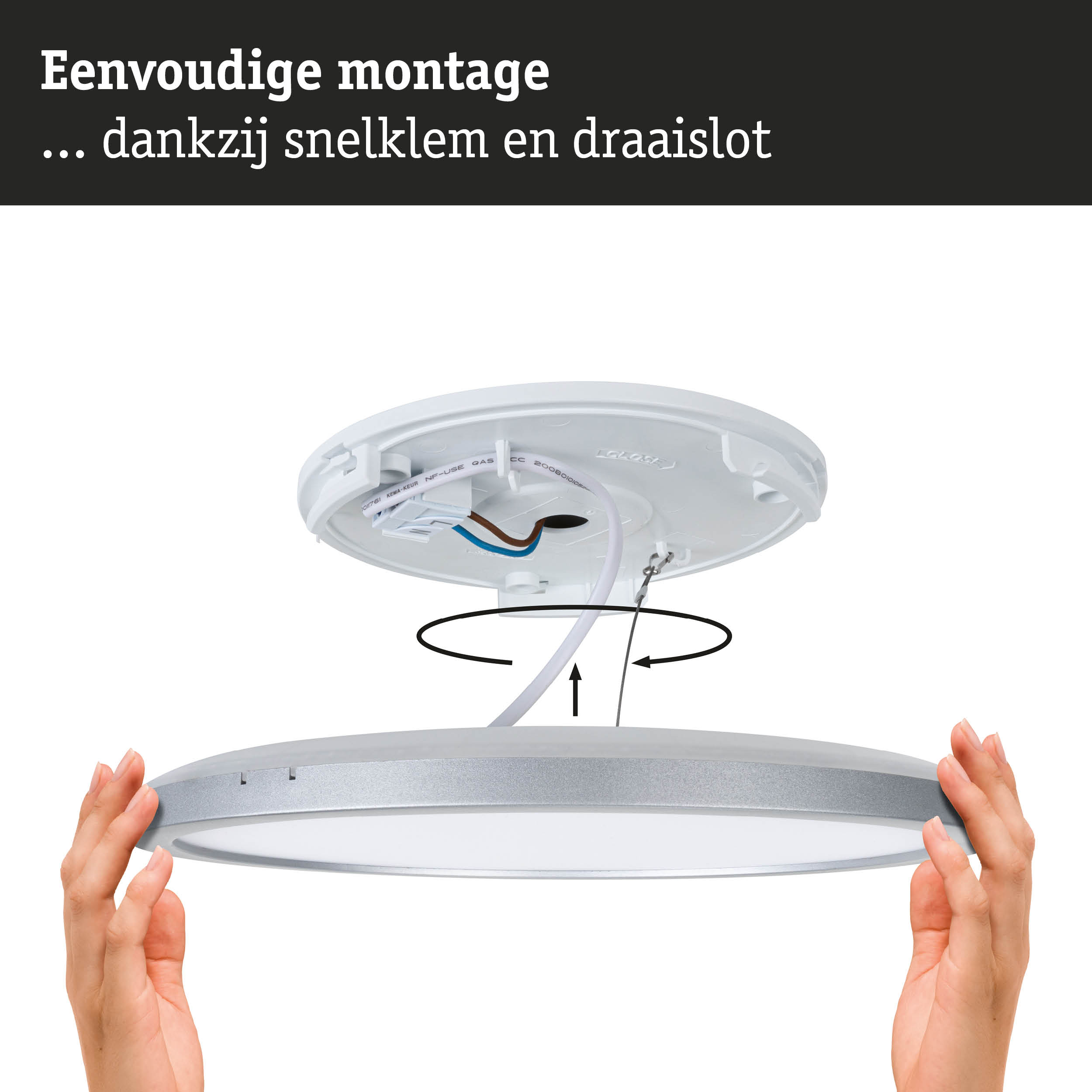 Witte ronde LED-plafondlamp met zilveren rand en eenvoudige montage dankzij snelklemmen