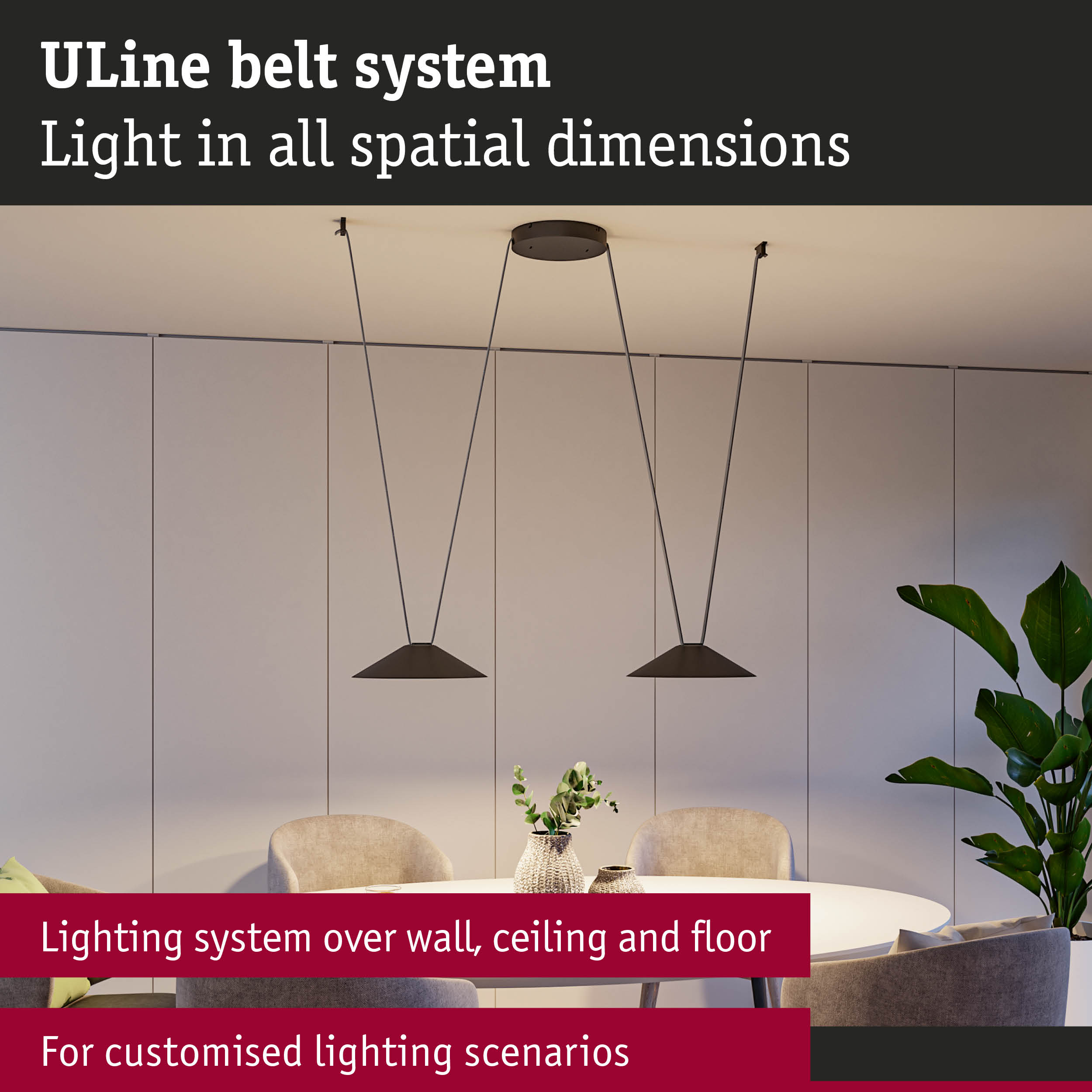 Modern ULine Belt System with black pendant lights over dining table for custom lighting scenarios