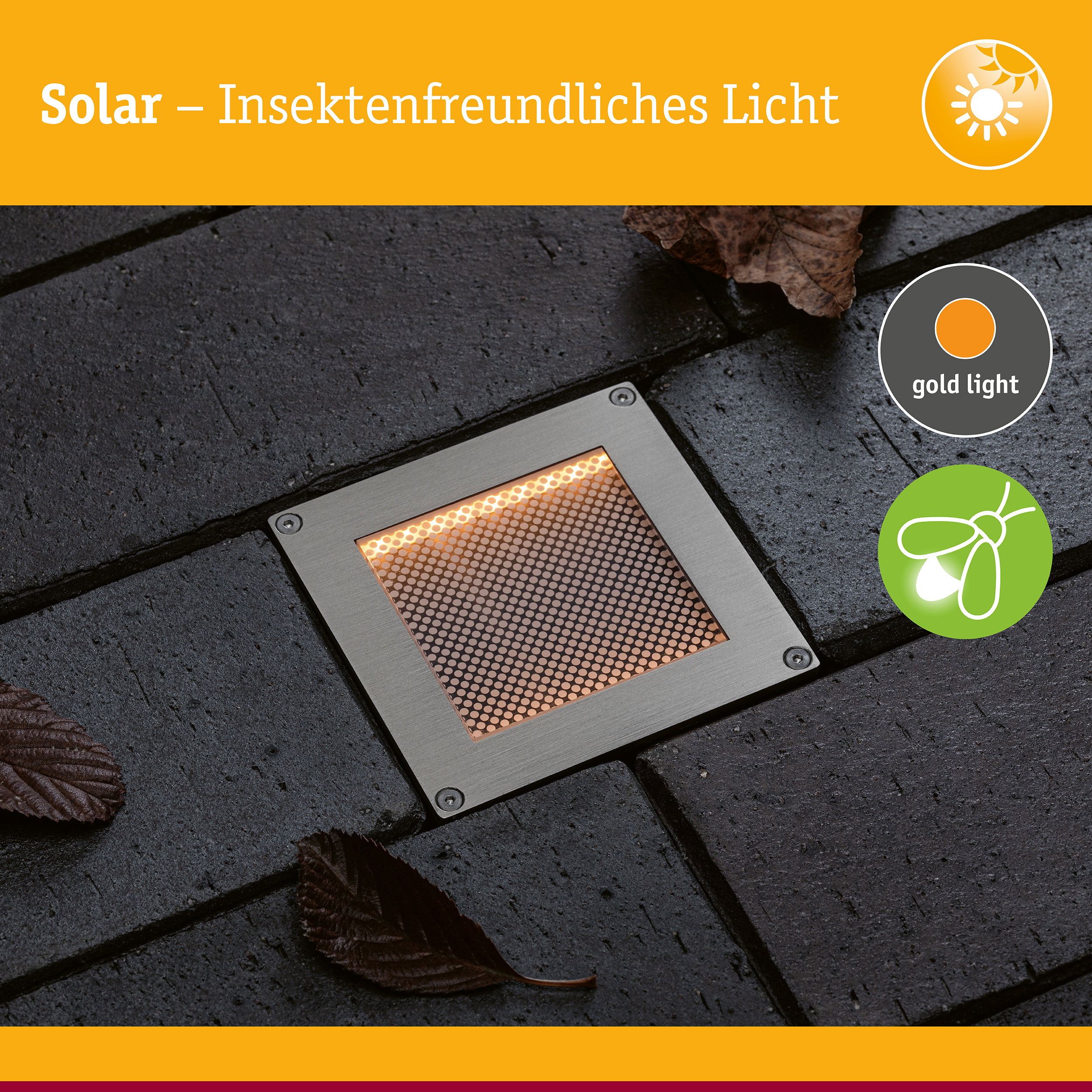 Solar LED Bodeneinbauleuchte Sorea Dämmerungssensor IP67 eckig 100x100mm 2200K 0,1W 5lm 3,7V Eisen gebürstet ABS/Polycarbonat/Edelstahl