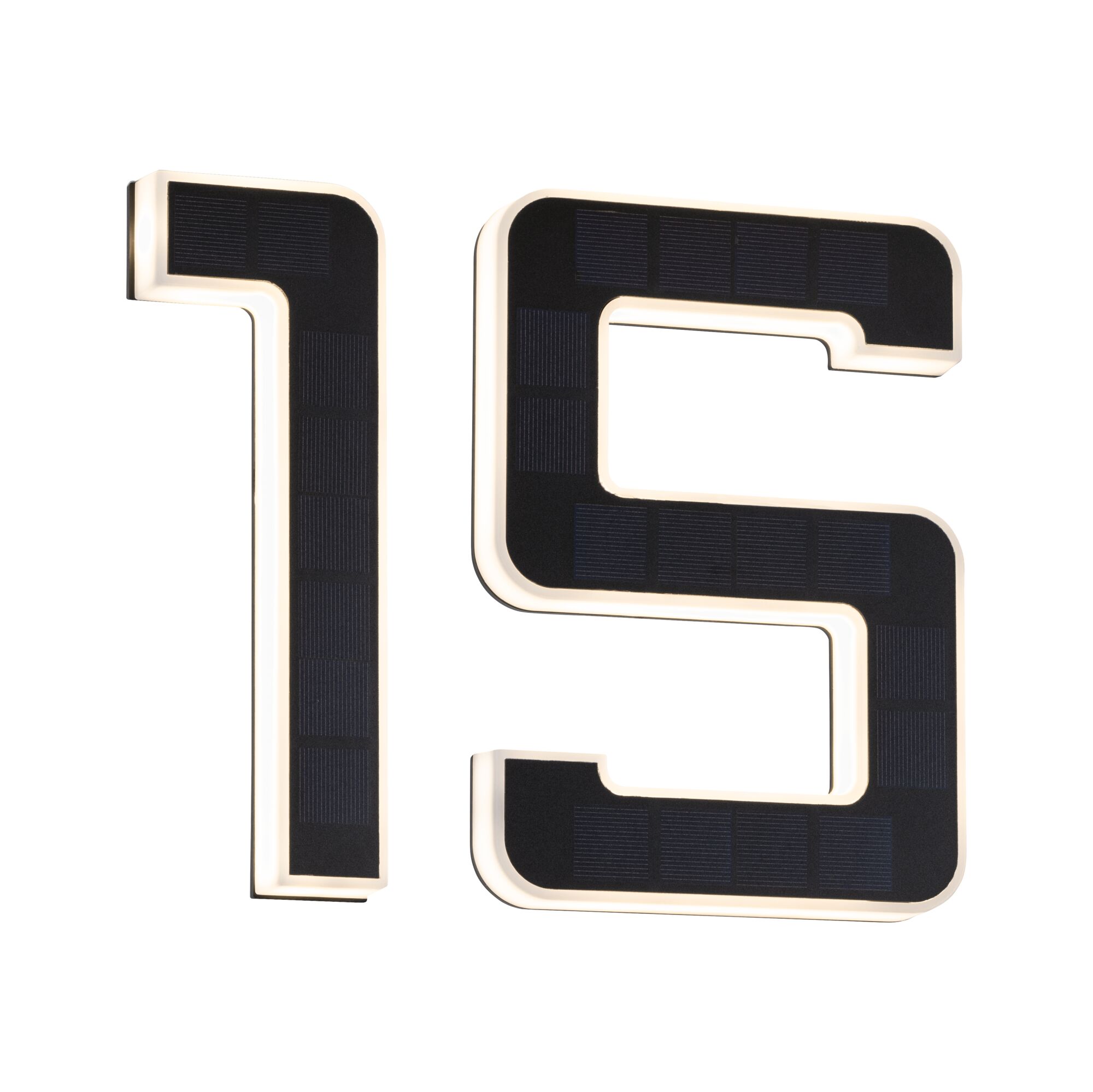 Modern black solar house numbers 1 and 5 with white LED lighting for outdoor use.