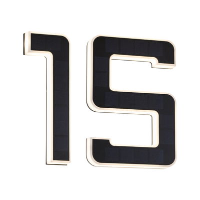 Modern black solar house numbers 1 and 5 with white LED lighting for outdoor use.