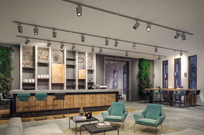 Modern grey track lighting spotlights in stylish café with wood and green plant accents