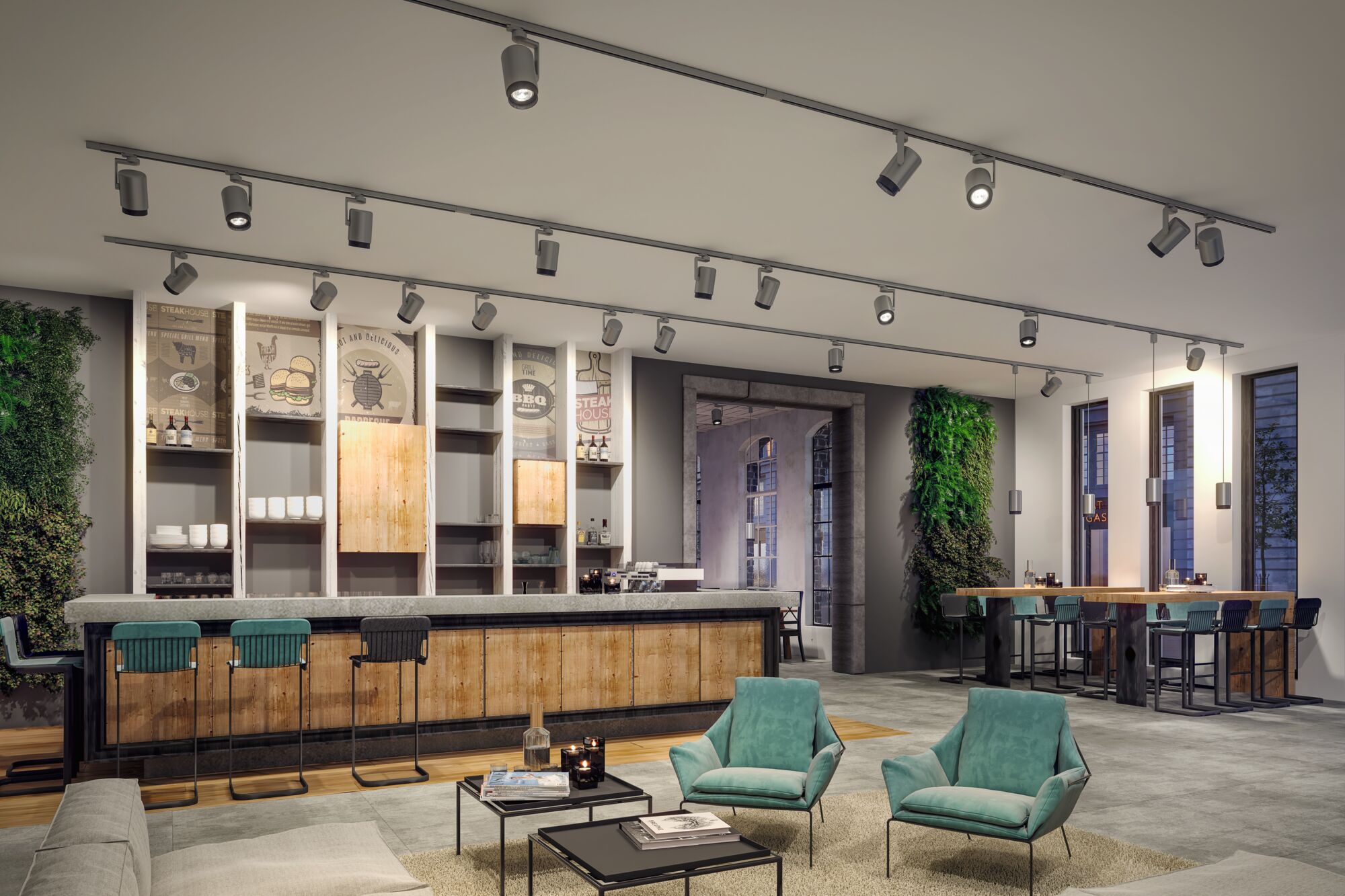 Moderne graue LED-Schienenstrahler an Decke in stilvollem Restaurant mit Holz- und Grünakzenten