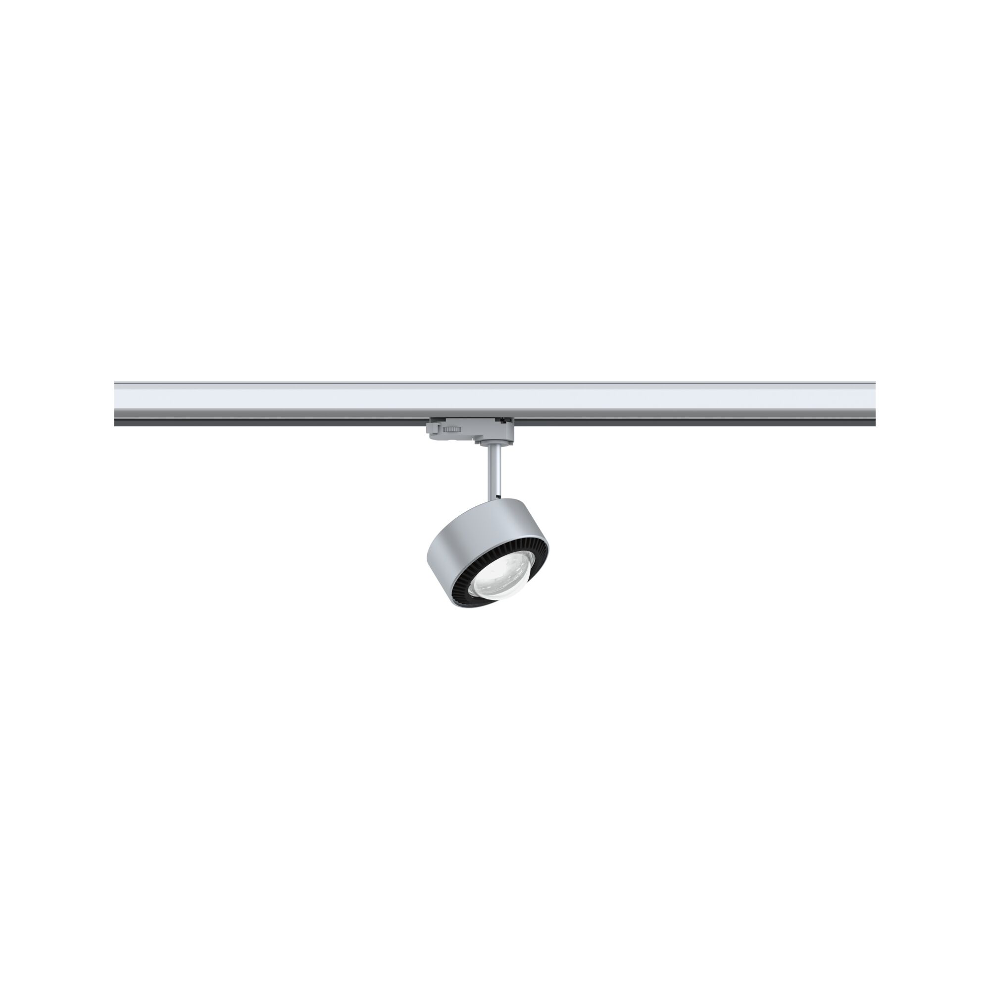 Moderner silberner LED-Strahler aus Metall an Schienensystem für flexible Beleuchtung