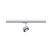 Moderner silberner LED-Strahler aus Metall an Schienensystem für flexible Beleuchtung