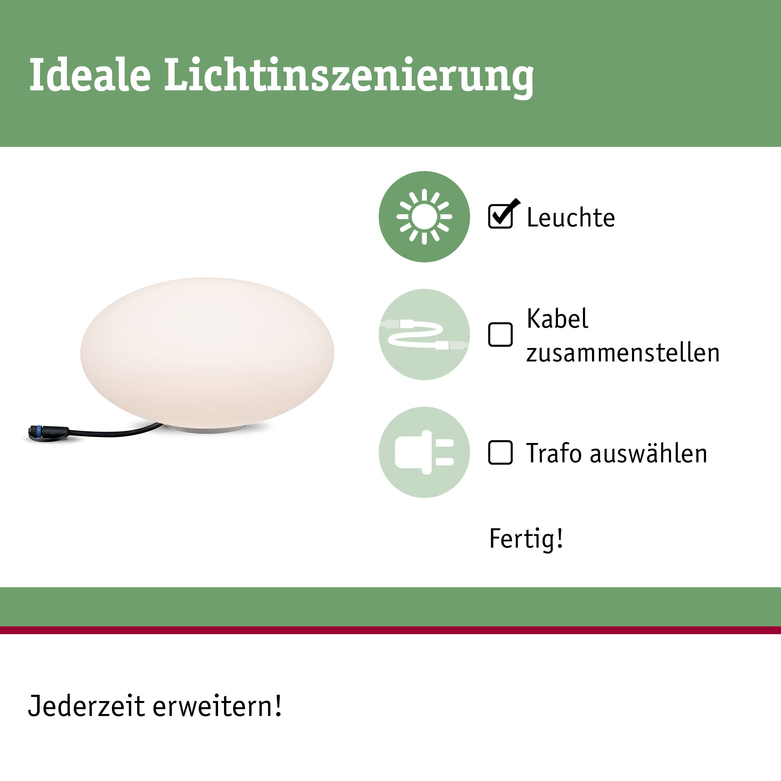 Weiße LED-Leuchte mit Kabelanschluss für flexible Lichtinszenierung und einfache Erweiterung