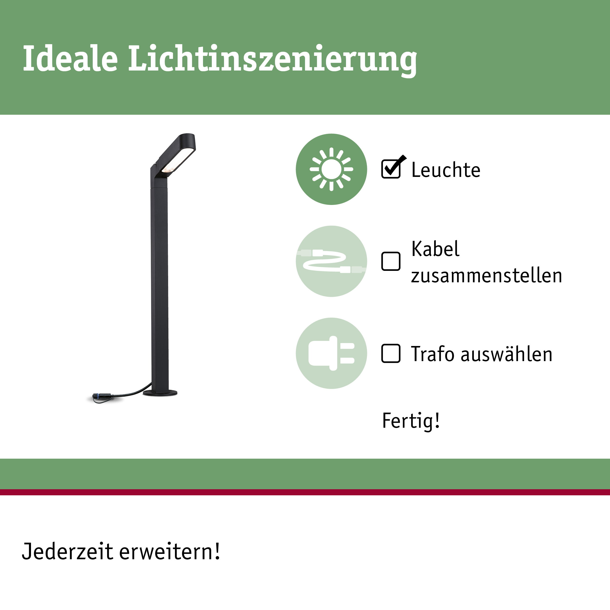 Schwarze LED-Außenleuchte mit integriertem Kabel und Stecker für flexible Gartenbeleuchtung