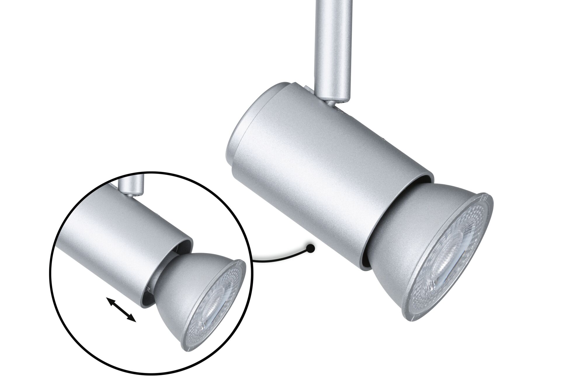 Silver metal LED spotlight with adjustable head for flexible lighting solutions
