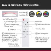 Remote control for dimmable LED ceiling light with adjustable colour temperature and RGB backlight settings