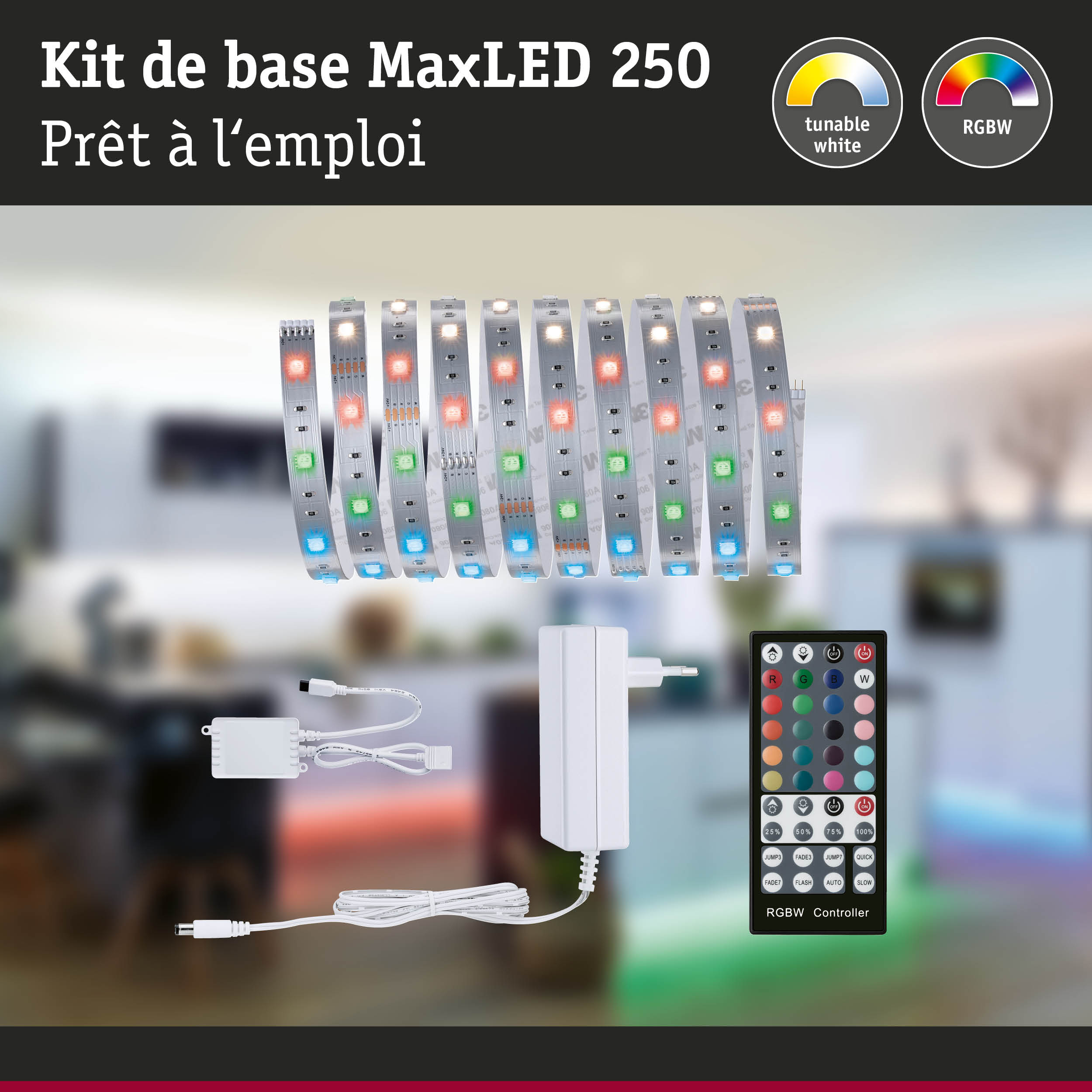 Kit bande LED MaxLED 250 avec contrôleur RGBW et alimentation pour gestion d'éclairage couleur