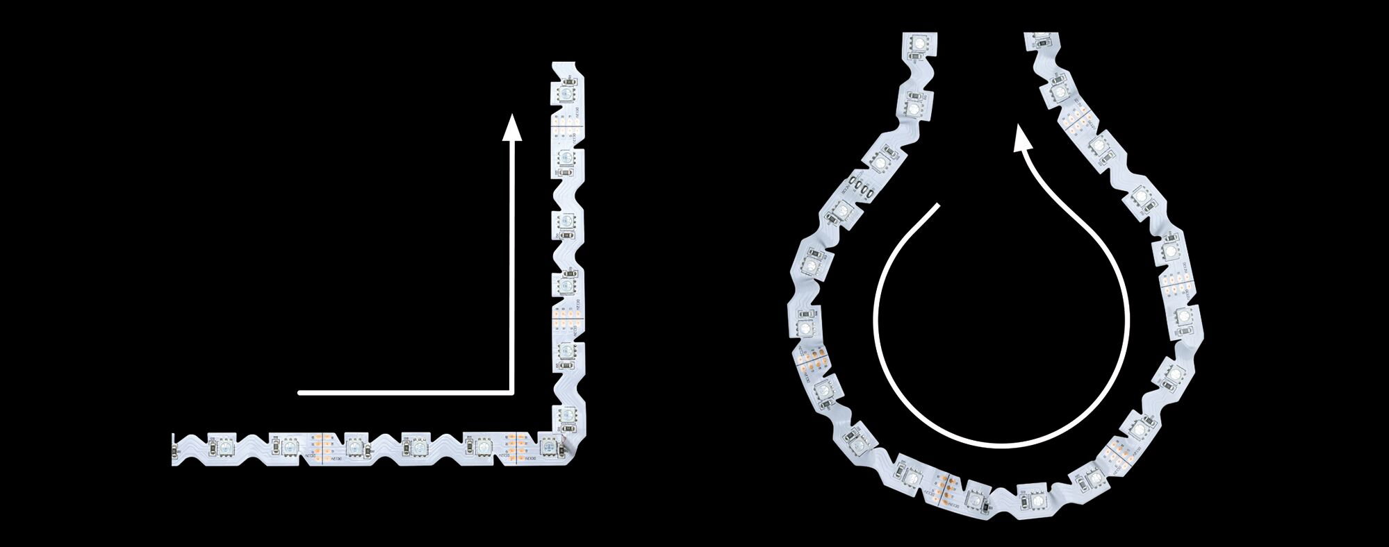 Flexibler LED-Streifen in Weiß mit RGB-LEDs, zeigt rechteckige und tropfenförmige Biegemuster für Beleuchtung.