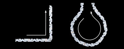 Flexibler LED-Streifen in Weiß mit RGB-LEDs, zeigt rechteckige und tropfenförmige Biegemuster für Beleuchtung.