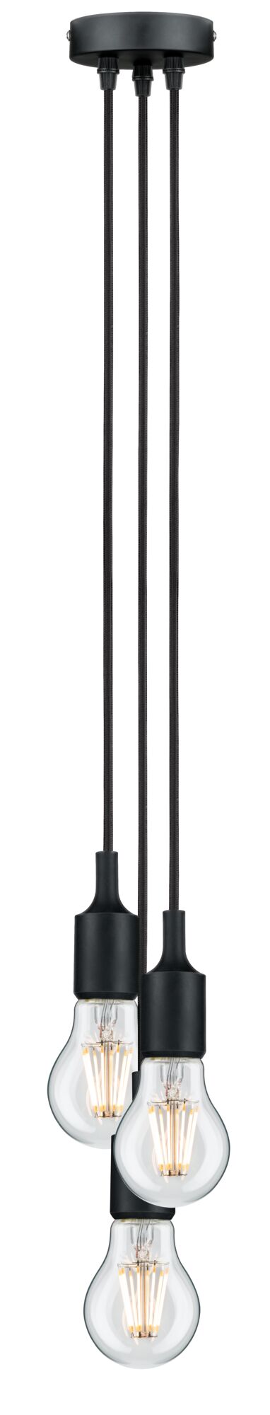 Three-light pendant lamp with black fabric cords and clear LED bulbs for modern indoor lighting