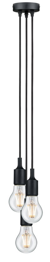 Suspension à trois lampes avec câbles en tissu noir et ampoules LED claires pour éclairage intérieur moderne