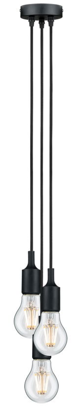 Suspension à trois lampes avec câbles en tissu noir et ampoules LED claires pour éclairage intérieur moderne