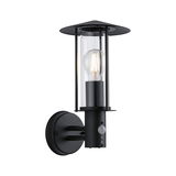 Black metal outdoor wall light with clear glass and motion sensor for garden lighting